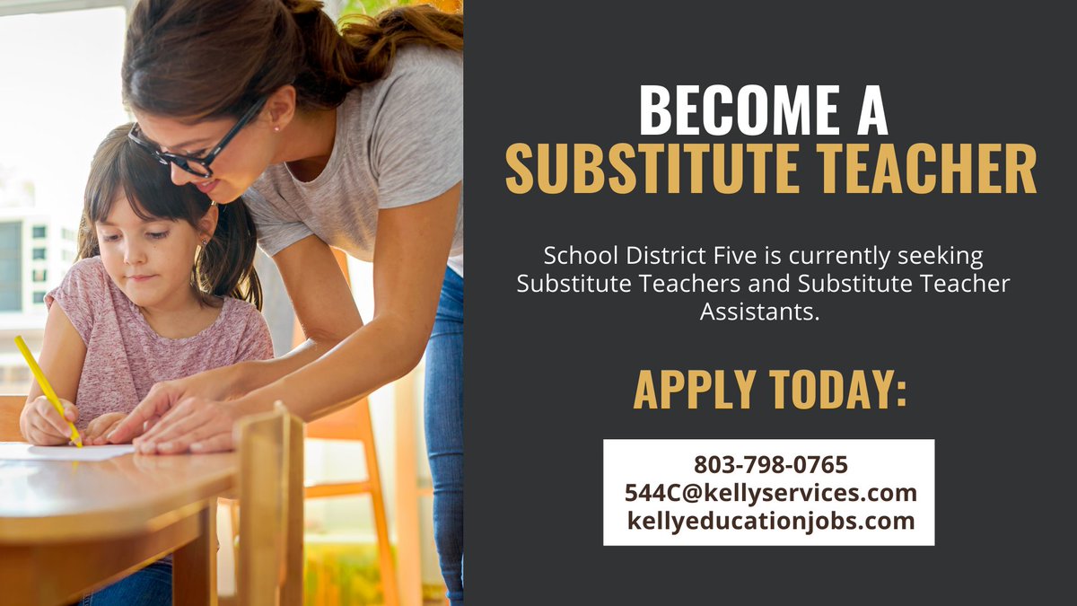 #LexRich5Schools is currently seeking #SubstituteTeachers and #SubstituteTeacher Assistants. Contact Kelly Services at 803-798-0765, 544C@kellyservices.com or visit kellyeducationjobs.com for more information. #ColumbiaSC #SCJobs #TeachSC