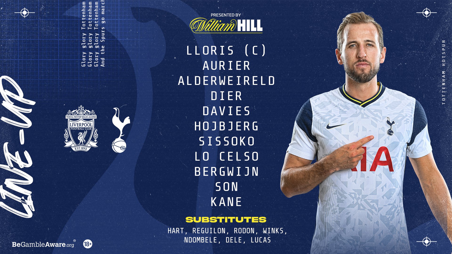 Tottenham Hotspur on X: 𝗧𝗘𝗔𝗠 𝗡𝗘𝗪𝗦! Lloris (C), Aurier, Dier,  Sanchez, Davies, Sissoko, Lo Celso, Bergwijn, Lucas, Son, Kane.  @WilliamHill latest (18+) ➡️  #THFC ⚪️ #COYS   / X