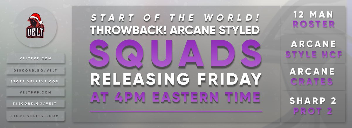 VeltPvP's tweet photo. Introducing VeltPvP | Squads 💜

• Squads is releasing this Friday @ 4PM EST

Map Info:
• 12 Man Factions
• Prot 2 &amp; Sharp 2
• 1 Hour Starting Timer

More info:
https://t.co/otviQnej7f

We're giving away:

🎁 2x Reaper Ranks
💫 1x Lunar Cloak

❤️, 🔄 and follow us to enter! https://t.co/KdfveAZcGV