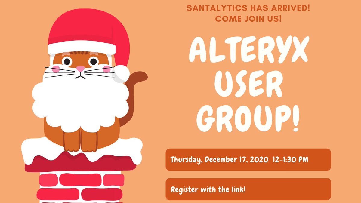 Come join us and over 150 of your closest <a href="/alteryx/">Alteryx</a> friends tomorrow (12/17) from 12-1:30 PM 

🎅 Solve this year's Santalytics challenge in breakout groups

🧙‍♂️ Learn how @AndrewDerbak and Mastercard use Alteryx's predictive features

You can sign up here! pages.alteryx.com/usergroup-nace…