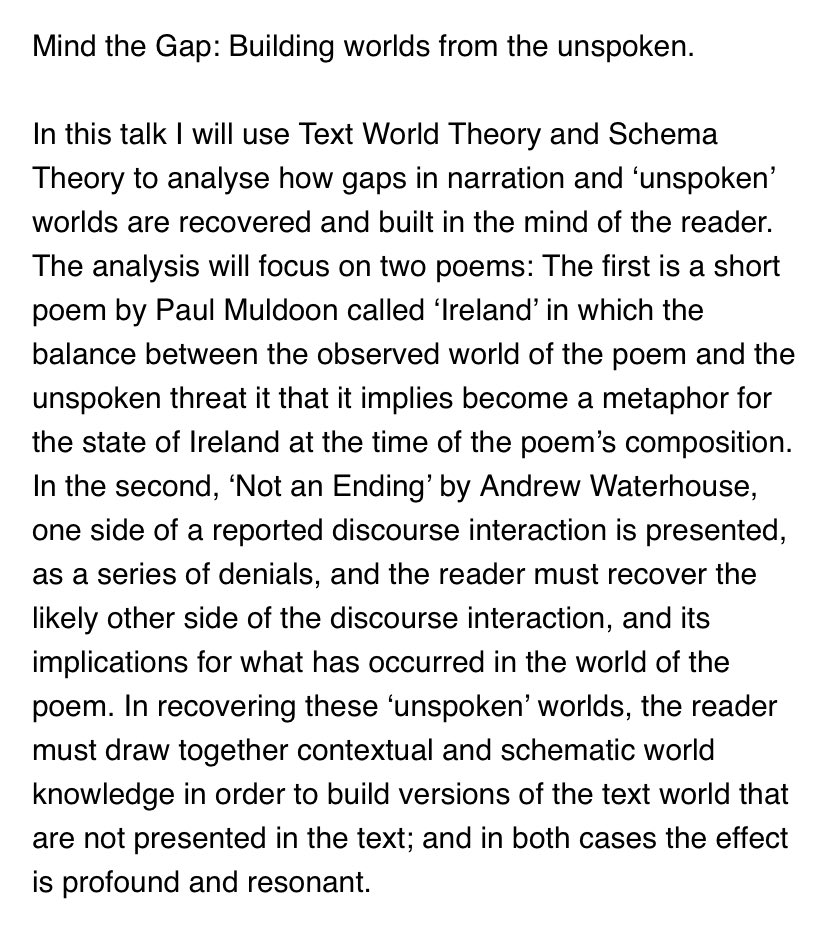 mmgiovanelli's tweet image. 2/2 First talk is by @skintownbouy on Wednesday 3rd Feb. Registration details coming soon and talks will be open to all. Here’s the abstract! #textworldtheory #schematheory #stylistics