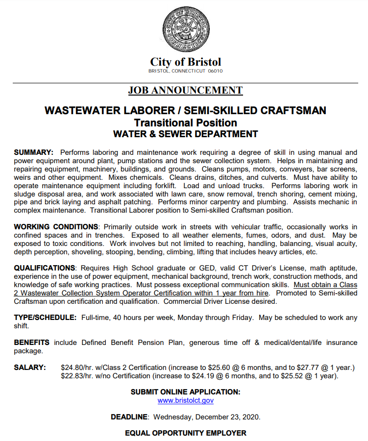 Bristol_AdultEd's tweet photo. City of Bristol Wastewater Laborer/Semi-Skilled Craftsman Open Position. Please see the job posting below. Online applications accepted at https://t.co/99HRDa05Dl

#cityofbristol https://t.co/1Csp4JcQ8b