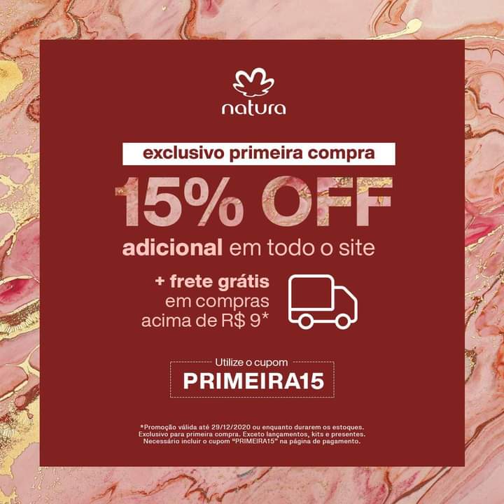 Um presente para você que ainda não conhece meu Espaço Digital. Sua primeira compra com 15% de desconto+frete grátis para as compras acima de R$ 9 aplicando o cupom PRIMEIRA15. Clique para comprar:natura.com.br/consultoria/va…  válido até dia 29/12/2020 ou enquanto durar os estoques.