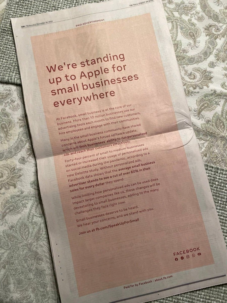 Two things to note about this:

1. Facebook trying to claim any kind of tech moral ground is, well, laughable. 

2. When Facebook want to get their message to a nice big audience, do they use Facebook advertising? No, they take a whopping full page ad in the Wall Street Journal