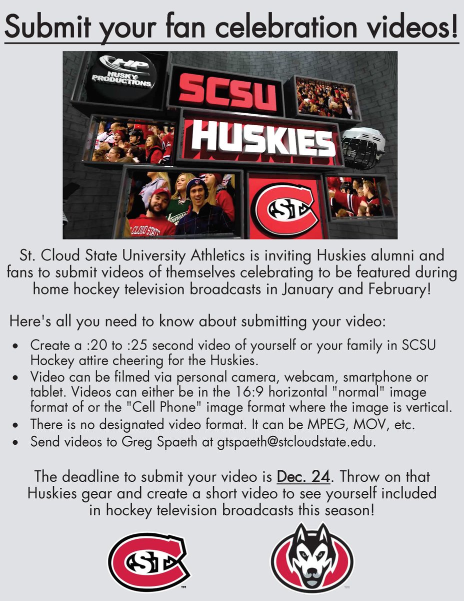 SCSUHuskies_MH's tweet photo. Huskies Fans, want to be on television during the 2nd half of the season?
Send us a short video wearing SCSU gear cheering for the Huskies!
#Huskies
#HuskyProductions
#SCSUHockey https://t.co/V5wgD2FBpg