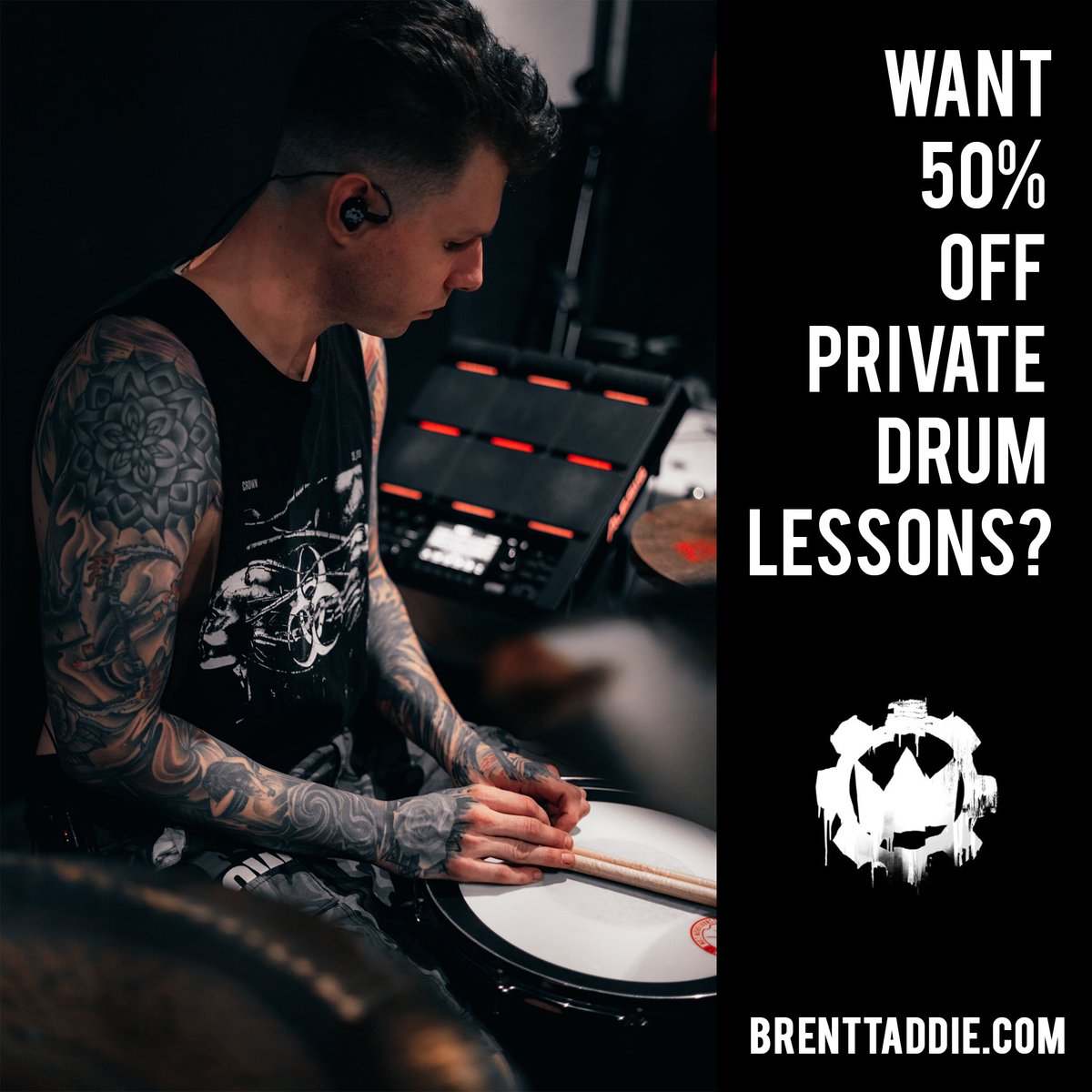 50% off Virtual Drum Lessons available now at brenttaddie.com