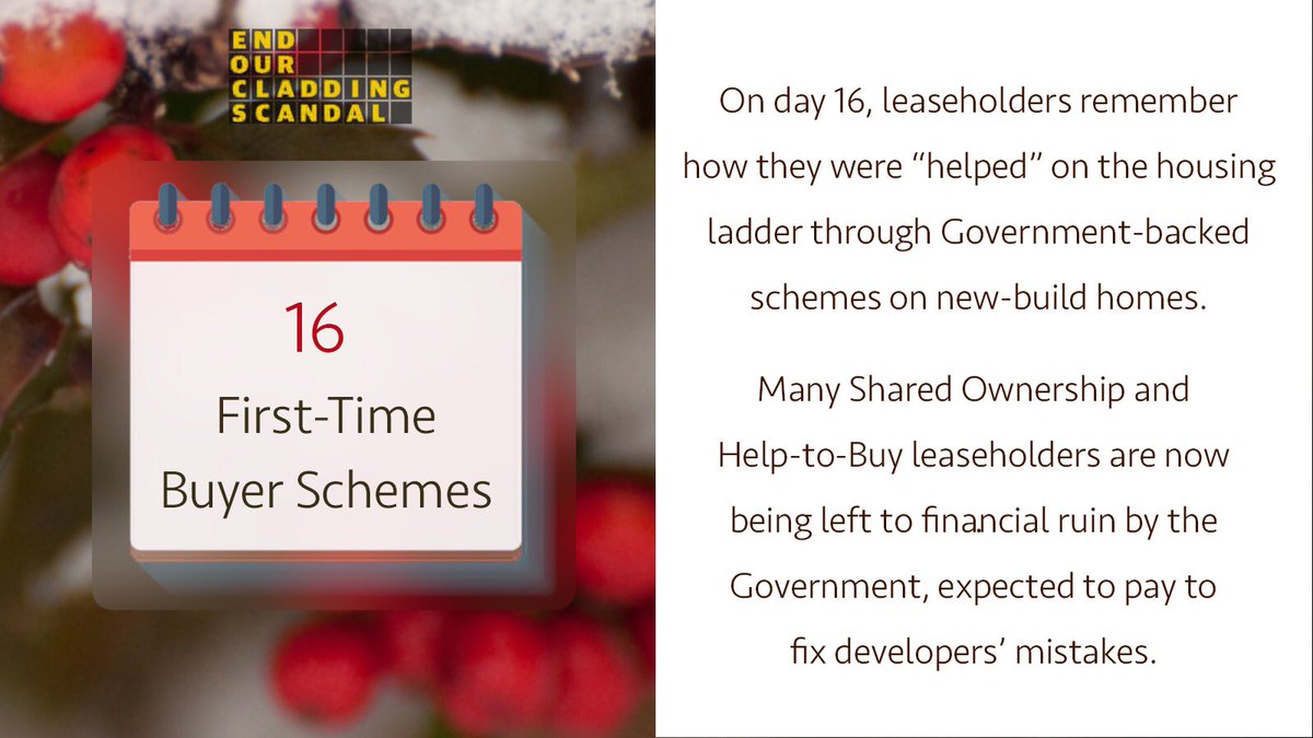 EOCS_Official's tweet photo. On day 16 of #Cladvent,
we remind @RobertJenrick and @team_greenhalgh that countless homeowners used Govt-backed schemes to get a foot on the property ladder.
They have become trapped and abandoned.
#EndOurCladdingScandal https://t.co/I128nmYyHU