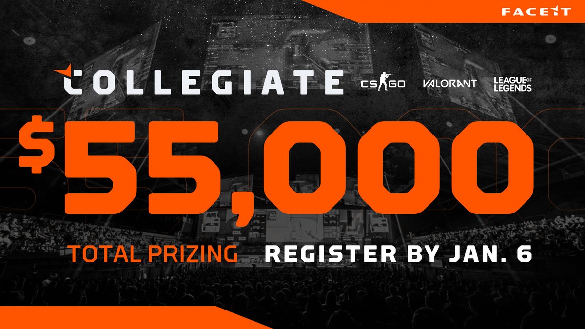 Faceit Collegiate 55 000 Are Up For Grabs In Faceit S First Ever Collegiate Csgo Valorant And Leagueoflegends Tournaments All Skill Levels Welcome Registration Closes Jan 6 21 So Sign Up Today Faceit Collegiate 55 000 Are Up For Grabs In Faceit S First Ever Collegiate Csgo Valorant And Leagueoflegends Tournaments All Skill Levels Welcome Registration Closes Jan 6 21 So Sign Up Today