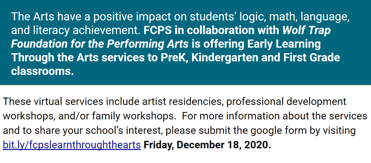 FCPS PreK, Kindergarten, &amp; 1st Grade Teachers &amp; schools! See info below about an exciting partnership with Wolf Trap Foundation for the Performing Arts!
 
- Share your school’s interest by Dec 18: bit.ly/fcpslearnthrou…
- Watch this video to learn more: youtube.com/watch?v=68kHIO…