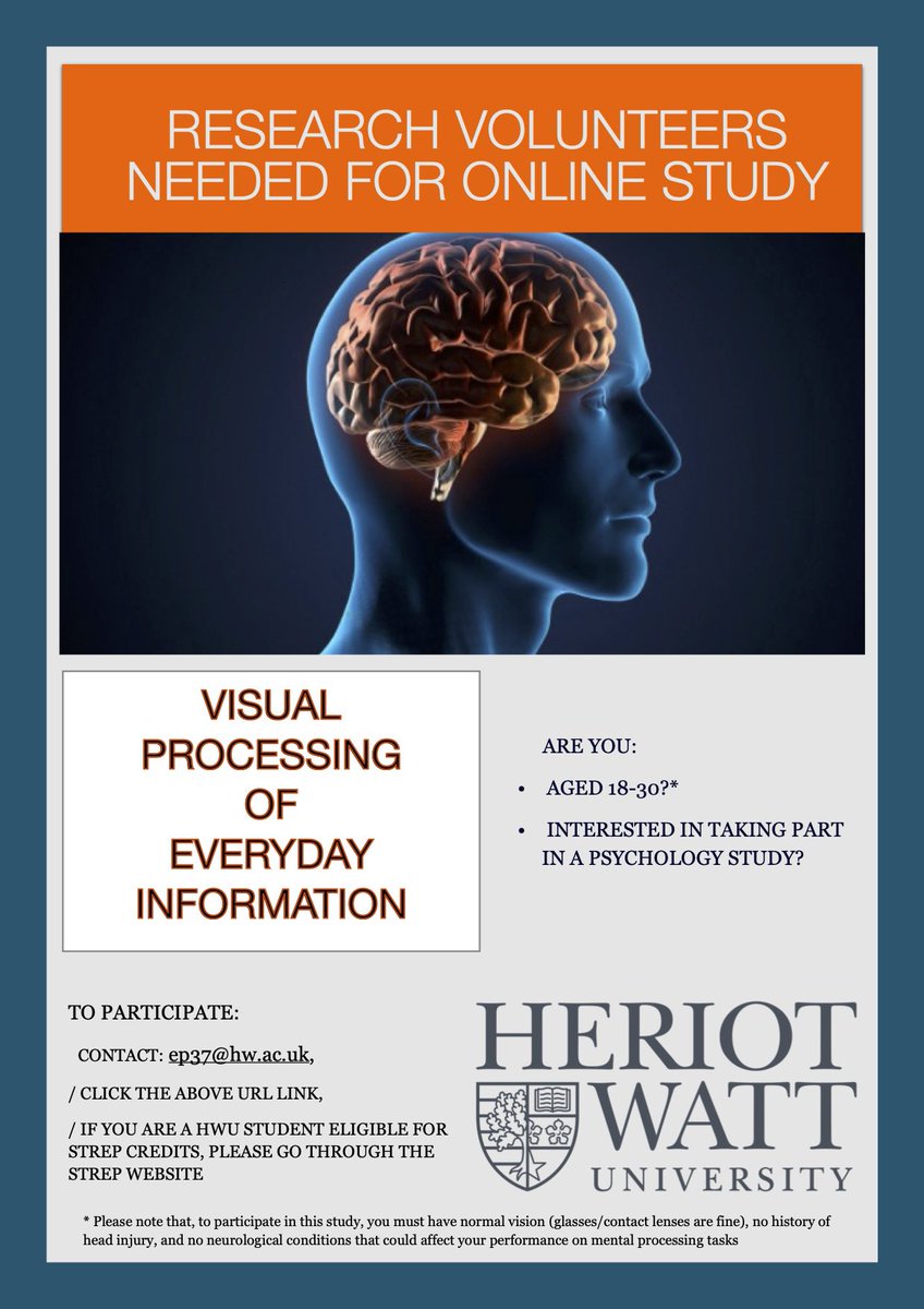 epaterson96's tweet image. 🌟Please share🌟

For my dissertation, I am investigating visual processing.

If you are between the age of 18 - 30 and would link to participate, please click this link: hwsml.eu.qualtrics.com/jfe/form/SV_eX…

This study must be run on a computer or laptop, and will not run on Safari.