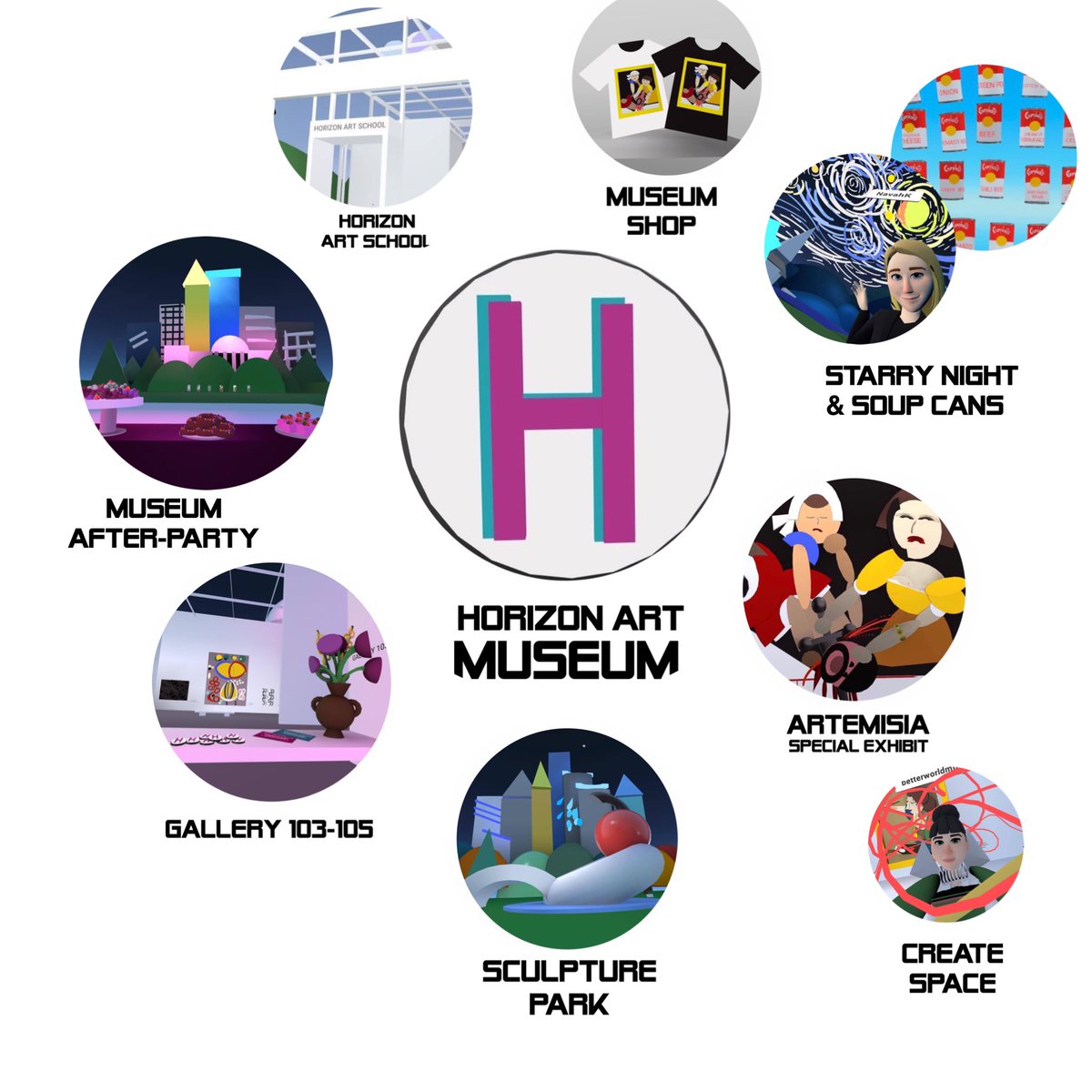 HorizonMuseum's tweet photo. @HorizonMuseum is an ever-expanding museum. Our core exhibition features Women Artists. @facebookhorizon allows portal doors to new spaces. Some include Gallery 103-105, #ARTEMISIA, Starry Night Soup Cans &amp; Sculpture Garden. This is the current immediate “family” #facebookhorizon https://t.co/boLh2ZXWAB