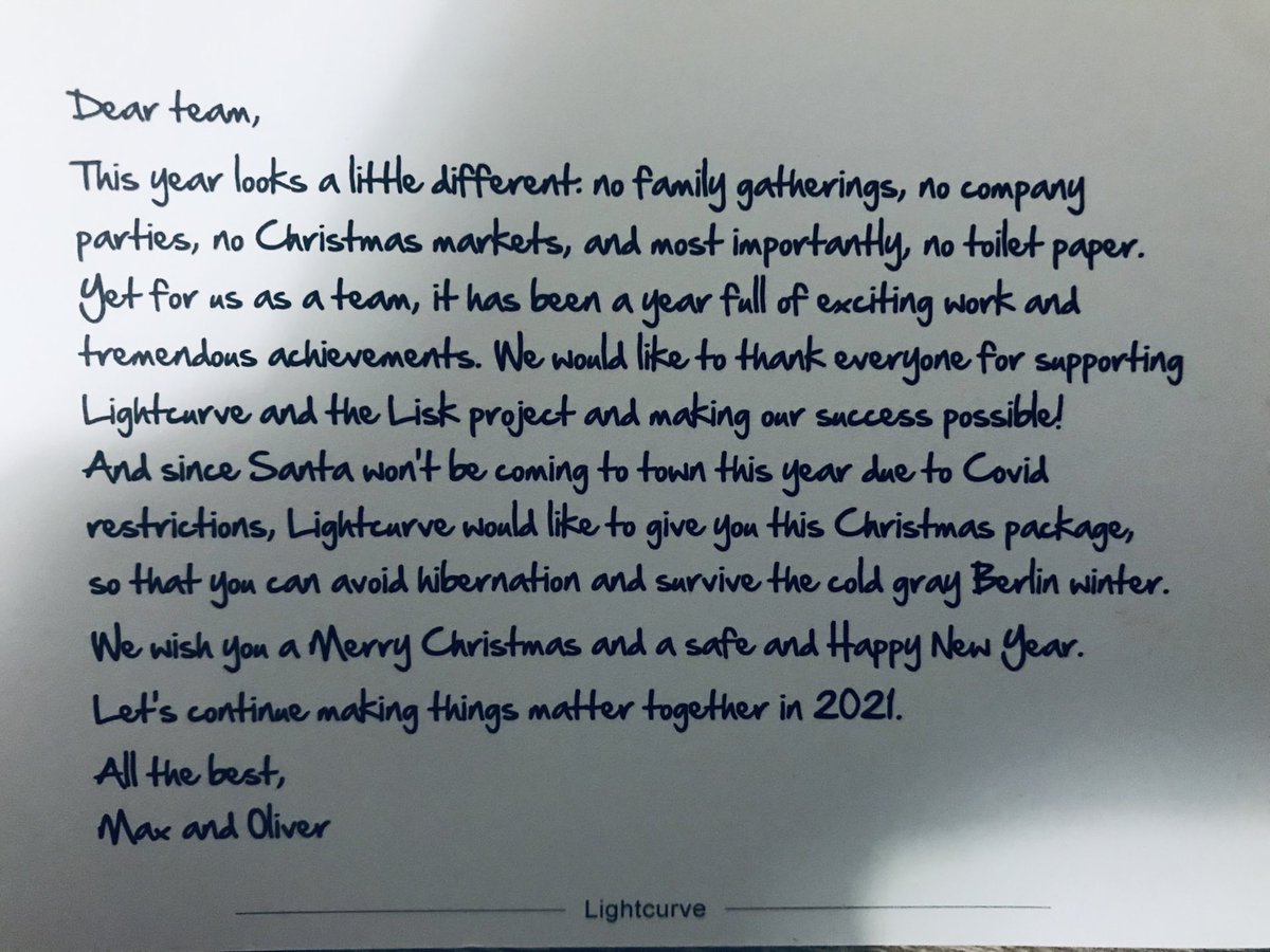 A surprise gift always makes you happy but with such a nice message the joy grows exponential. Thank you ⁦@lightcurveHQ⁩ ⁦@LiskHQ⁩ #greatyear