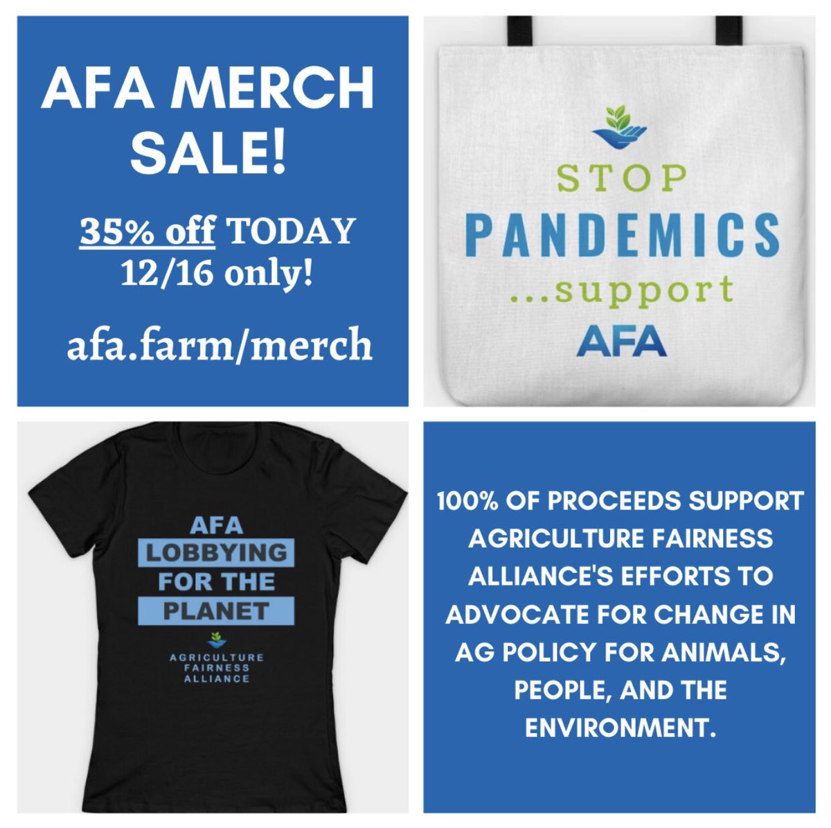 Looking for holiday gifts that support a good cause? AFA’s merch shop has a 35% off sale TODAY only! Advocate for a more equitable plant-based food system at https://t.co/R3h1n7FA1O. https://t.co/n2qaiYx1ne