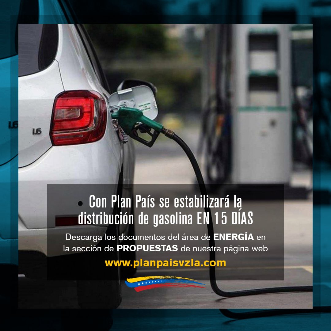 Los expertos de Plan País reiteran que en un plazo de 15 días se podrá garantizar la distribución de una gasolina confiable para todos los usuarios. Para conocer más sobre este área visita la sección de propuestas de nuestra página web. planpaisvzla1.com/propuestas