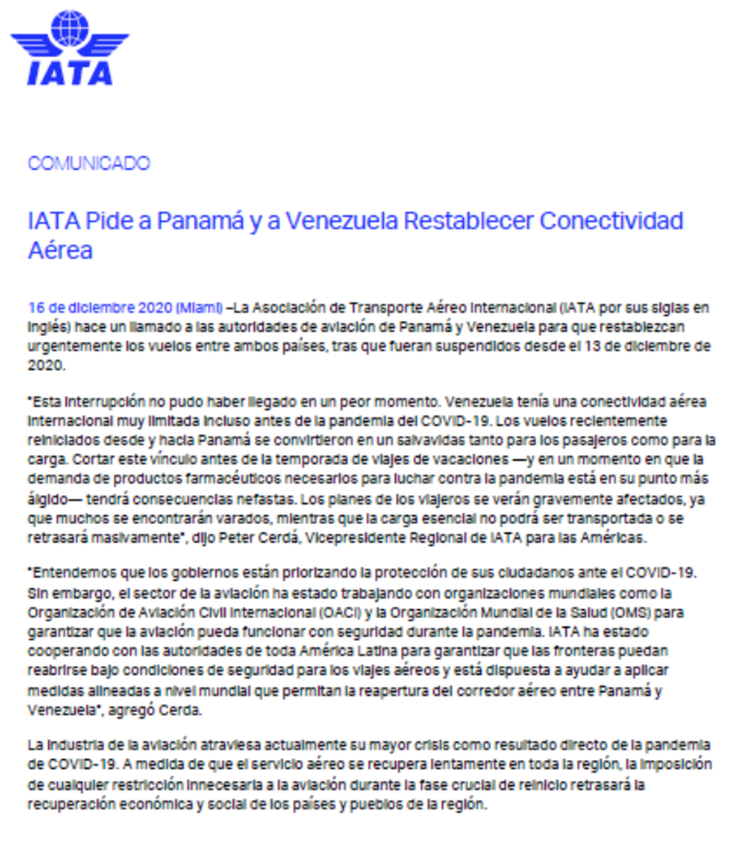 ALAV_VE's tweet photo. ¡IMPORTANTE!

IATA @IATA pide a Panamá y a Venezuela restablecer conectividad aérea https://t.co/nFUxGeUTDP