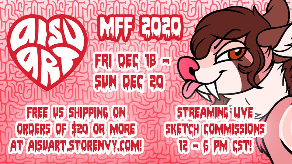 aisuart's tweet image. this weekend i will be dealing at the online @FurFest event dec 18th-20th! i will be streaming LIVE sketch commissions from 12-6pm CST &amp;amp; there will be FREE US SHIPPING on shop orders $20 or more from aisuart.storenvy.com! visit my table at: discord.gg/RXSHkxtxJW #MFF2020