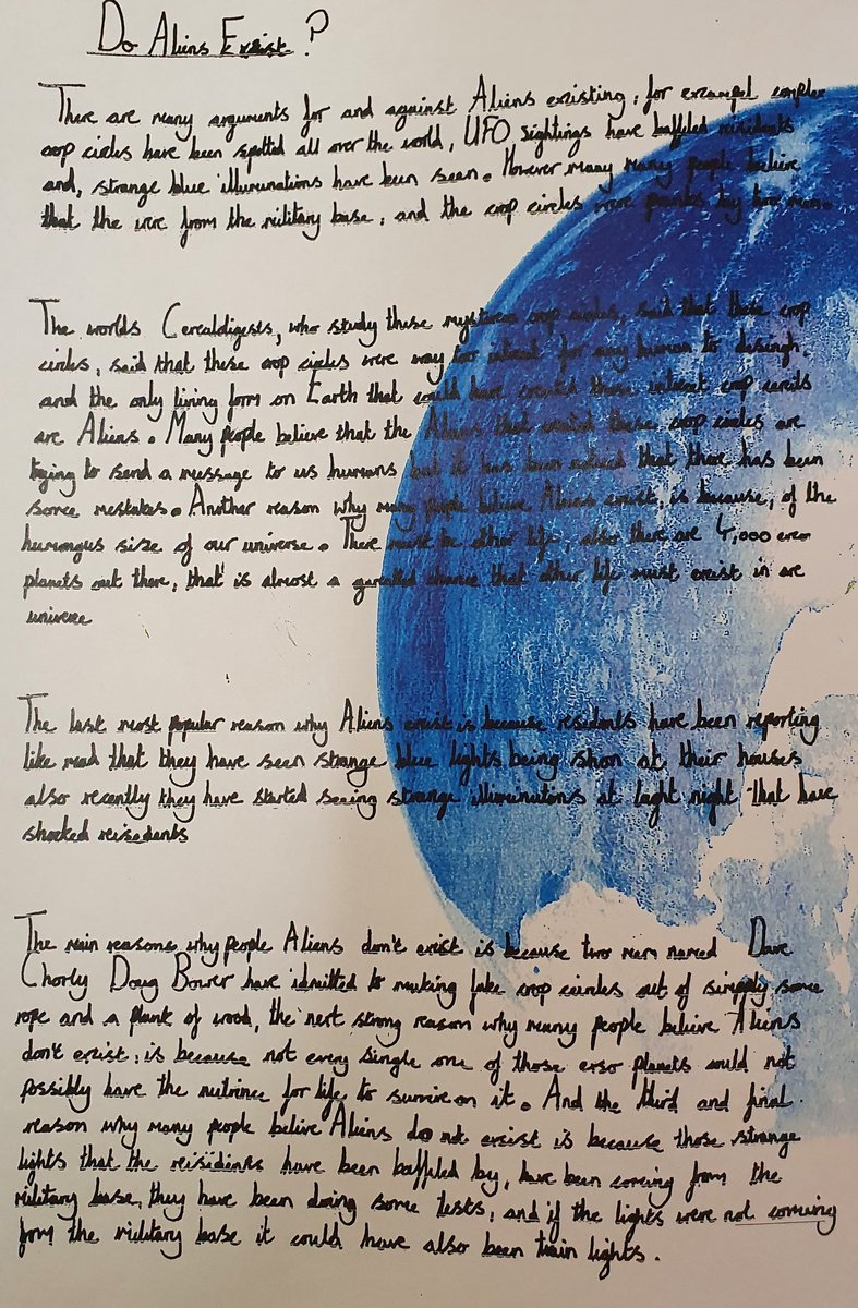 MeadatHilperton's tweet photo. Year Five @MeadatHilperton have loved their curriculum this term. These are amazing examples of writing balanced arguments. 'Do aliens exist...?'
#teammead 
#proudteachers 
@Cornerstonesedu https://t.co/OQh25OsMgS