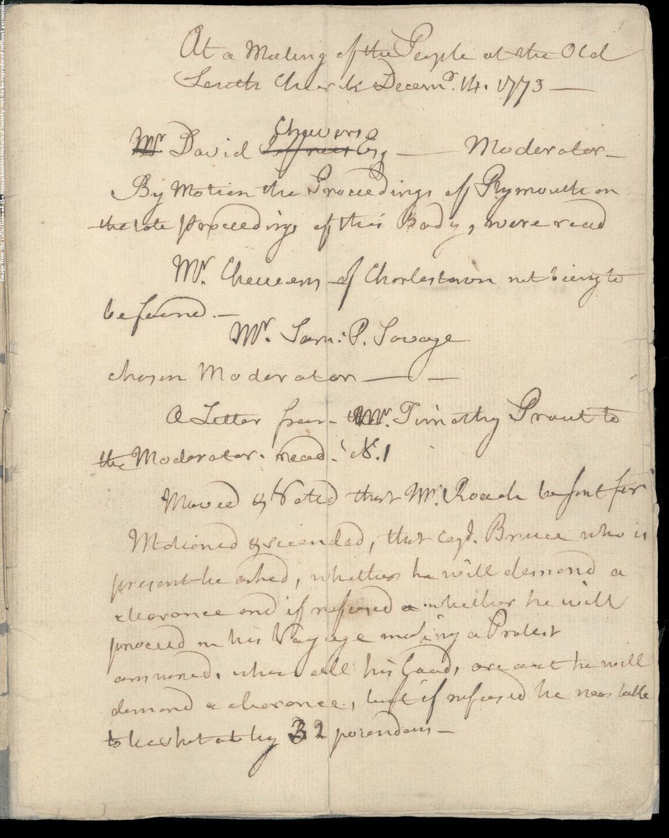  Time to share some historical  #BostonTeaParty treasures from our collections! We’re fortunate to hold  #manuscripts &  #materialculture that tell the story  #OTDH 1773. First up, read the meeting minutes in the days before... 1/  http://www.masshist.org/database/426&nbsp;