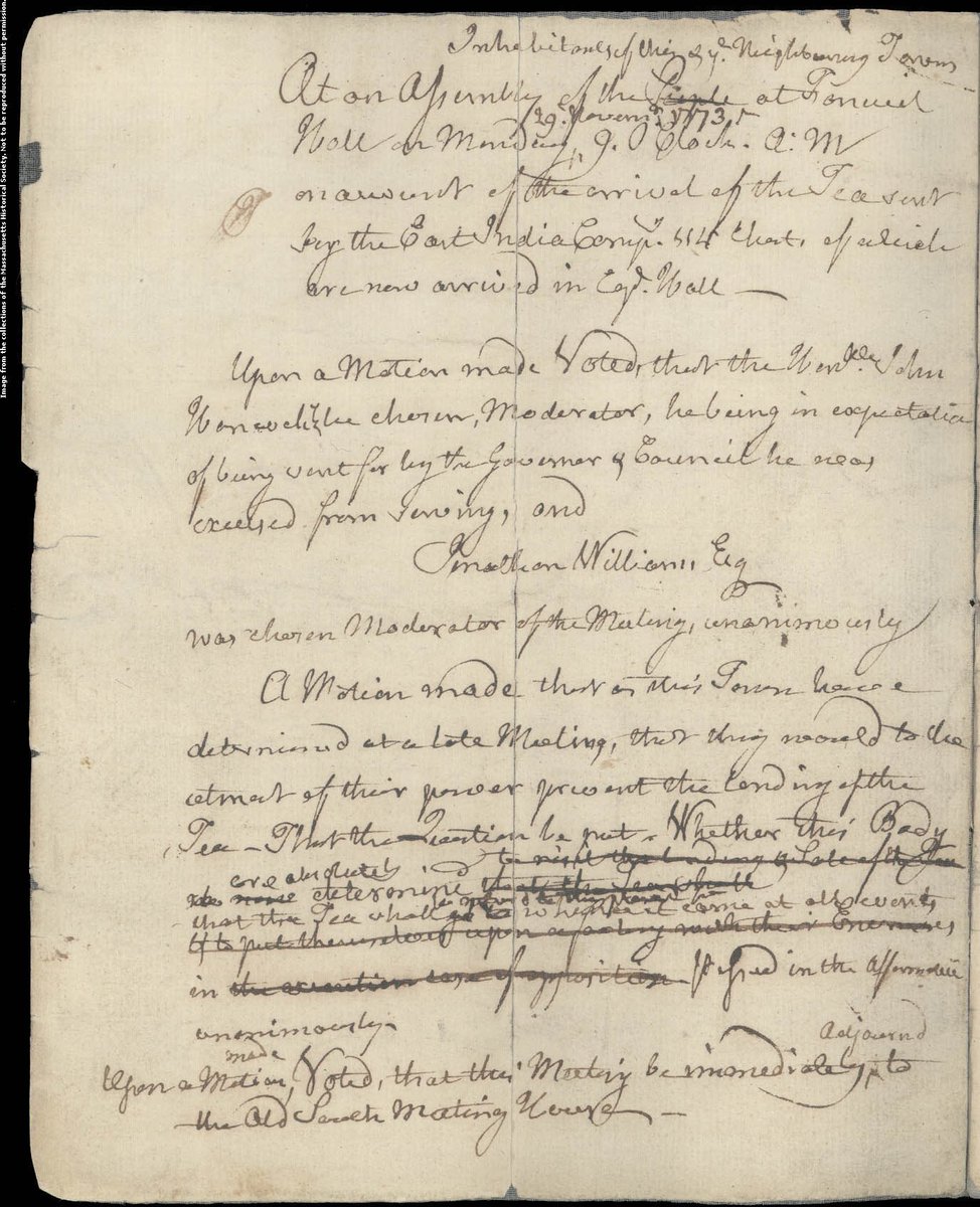  Time to share some historical  #BostonTeaParty treasures from our collections! We’re fortunate to hold  #manuscripts &  #materialculture that tell the story  #OTDH 1773. First up, read the meeting minutes in the days before... 1/  http://www.masshist.org/database/426&nbsp;