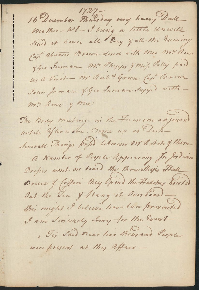 So what happened next? Read John Rowe’s account, written the next night. He describes the end of the town meeting & then the tea being "flung...Overboard,” lamenting that the situation could have been avoided. He states that 2,000 people were present.  http://www.masshist.org/database/525&nbsp;