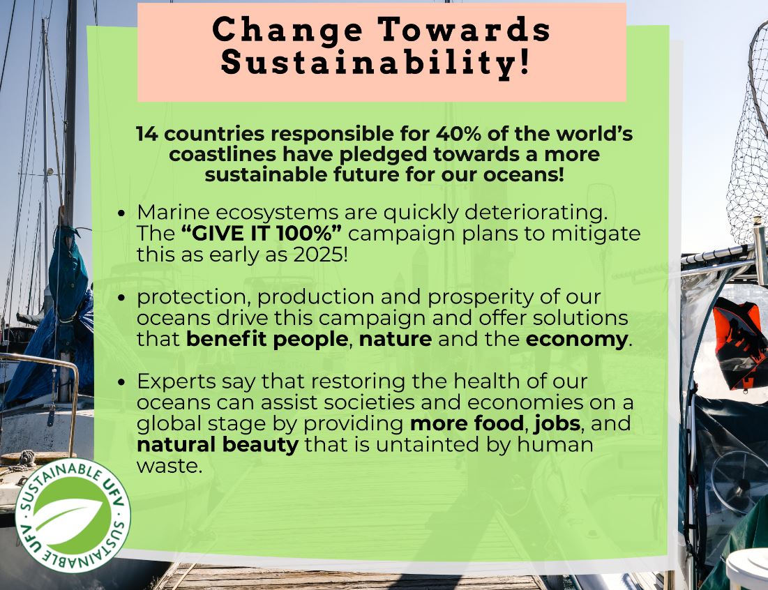 Outside of UN operations, the GIVE IT 100% campaign is the most significant ocean sustainability initiative the world has seen! By as early as 2025 sustainable efforts will reduce poor or harmful practices and replace them with actions that benefit people, nature and the economy.