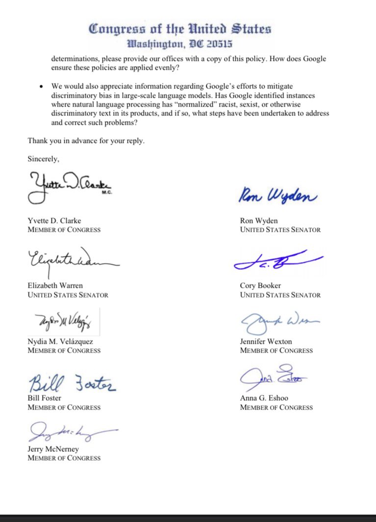 Full stop— We can’t prevent algorithmic bias in innovative tech if POC don’t have a seat at the table.

<a href="/RonWyden/">Ron Wyden</a> and I urged <a href="/Google/">Google</a> CEO <a href="/sundarpichai/">Sundar Pichai</a> to reaffirm his commitment to D&amp;I and academic freedom. Now more than ever, <a href="/timnitGebru/">@timnitGebru (@dair-community.social/bsky.social)</a>’s departure makes this work essential.