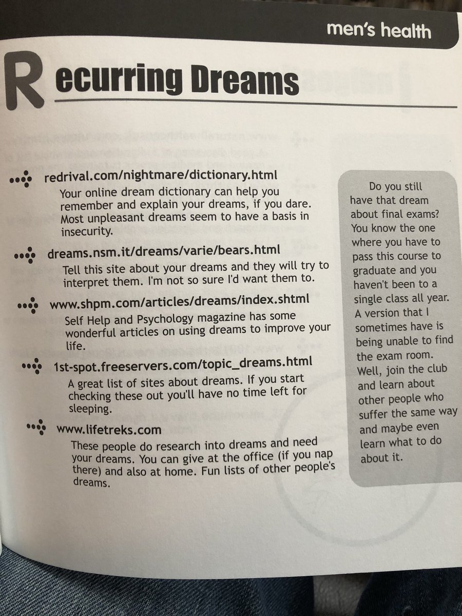 there is a page for websites about recurring dreams, a leading interest among men over 50 in the year 2000