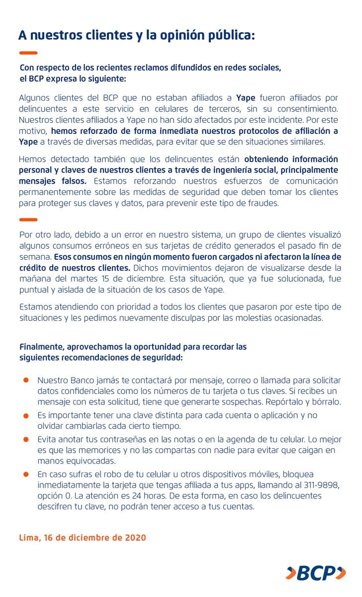 BCPComunica's tweet image. Sobre los comentarios circulados en los últimos días sobre el BCP y Yape, queremos comunicar lo siguiente: