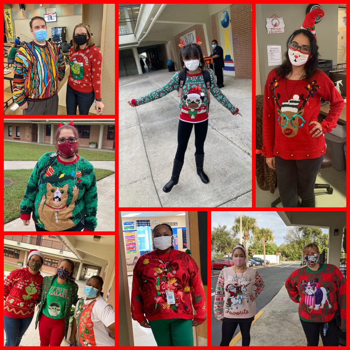 Day 3 of Winter Spirit Week we wore precious “ugly sweaters” and dined on mouthwatering pernil (aka Spanish roast pork), ham, and vegetarian box lunches from <a href="/MarinasCatering/">Marinas Catering</a>!  🐆❤️🐷🍚🍌#RCMSWinterSpiritWeek2020 <a href="/OCPSnews/">ocpsnews</a> <a href="/Southeast_OCPS/">Southeast_OCPS</a>
