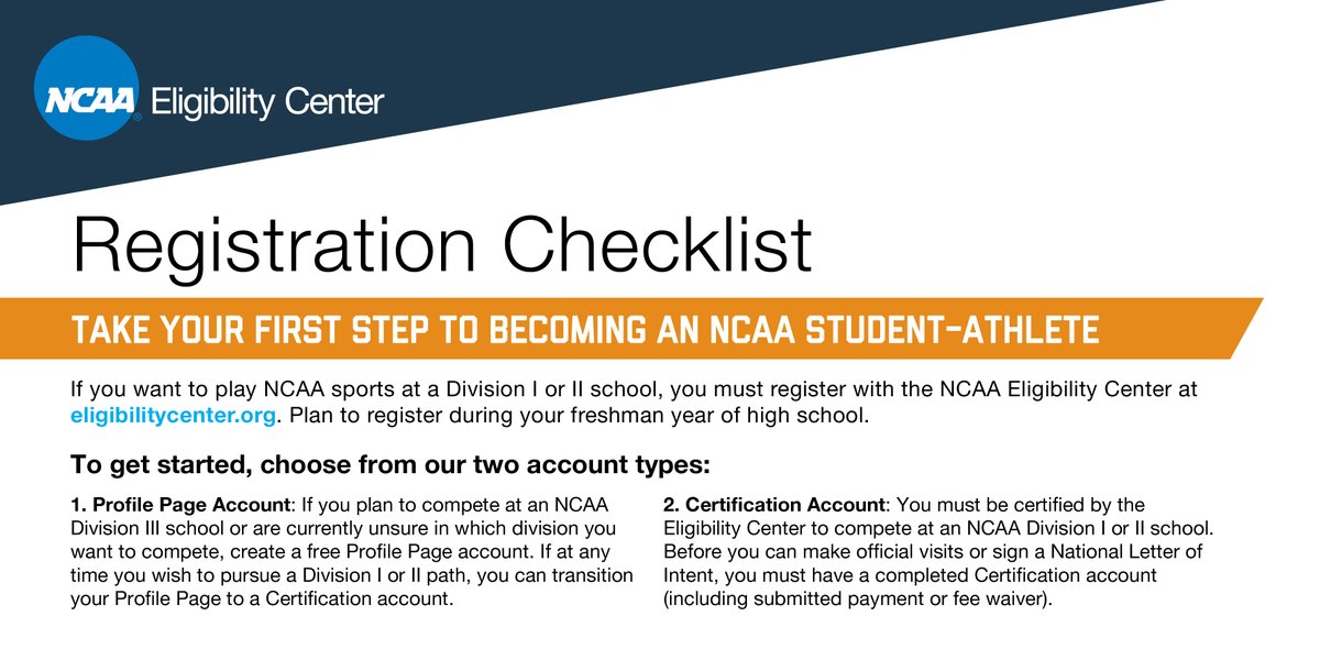 ncaaec's tweet image. 🚨 UPDATED RESOURCE ALERT 🚨 

Use the registration checklist to learn what you need to register for an @ncaaec account.

✅ on.ncaa.com/RegChecklist