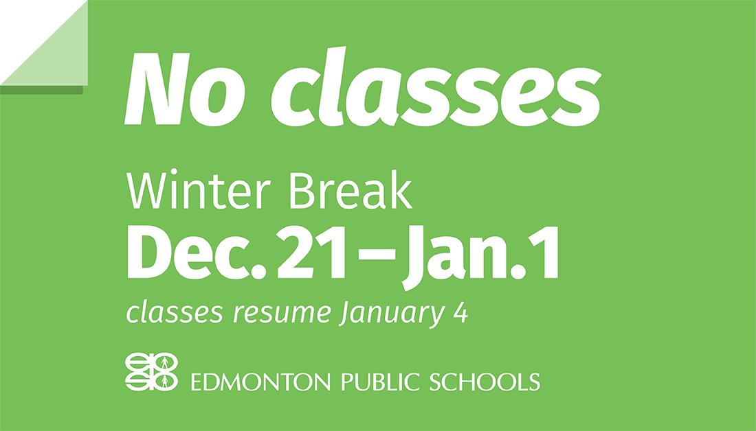 EPSBNews's tweet photo. There are no classes from Dec. 21 to Jan. 1 for winter break. Classes resume with a week of at-home learning starting Monday, Jan. 4. If your school has a modified calendar, these dates may be different. More important dates and holidays: https://t.co/yM206iTzyd #EPSB https://t.co/GM04sZwIVR