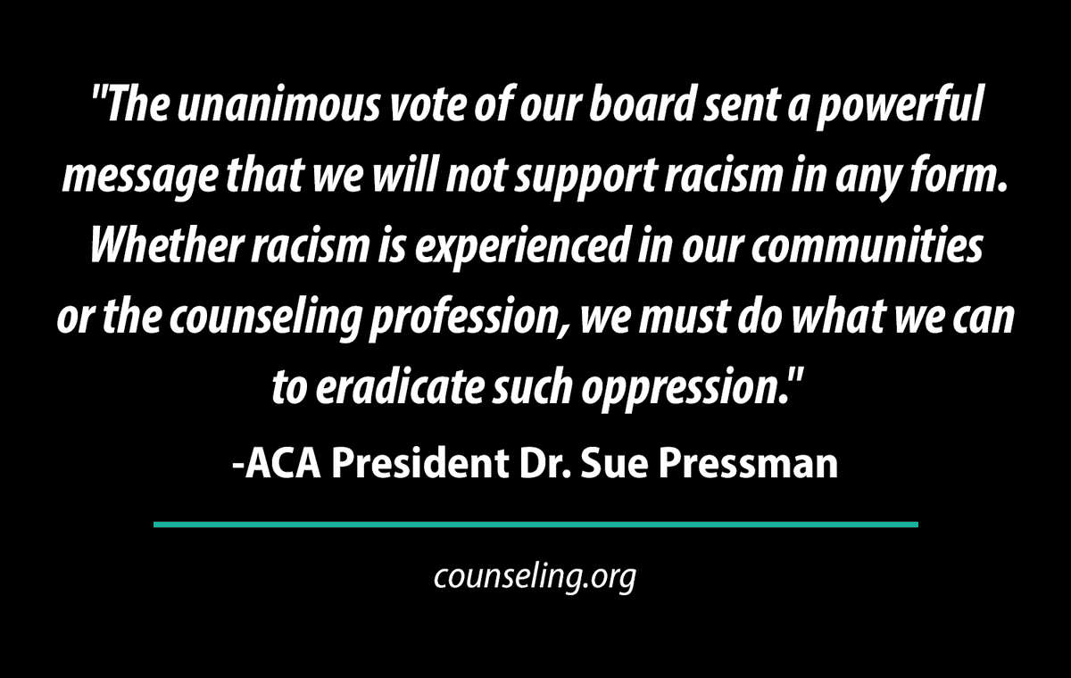 During a special session on December 14, the ACA Governing Council took the bold step of approving a nine-point plan addressing issues of racism and discrimination. #CounselorsHelp

More info: bit.ly/2KxDuPS