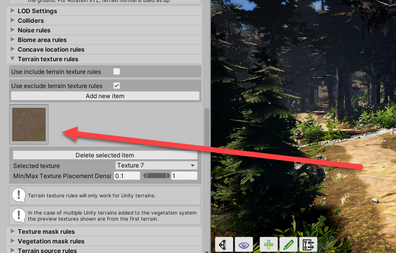 See that path? Think I had to make a biome to trace along my 10km of trails? No way, I don't have time for that.All I had to do was tell this biome, NOT to draw vegetation on my path texture, and fade for about 0.1 units around it.Easy to cut a road through thick forest!