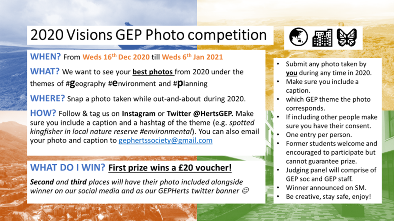 HertsGEP's tweet photo. Launch of the 2020 Visions GEP photo competition. Submit your best 2020 photo before 6/1/21 with a caption & either #geography #environment or #planning as the theme. Prize for overall winner! Plus top-3 winners will be featured on Social media. Full details below. #happysnapping https://t.co/O7QxoOtKpm