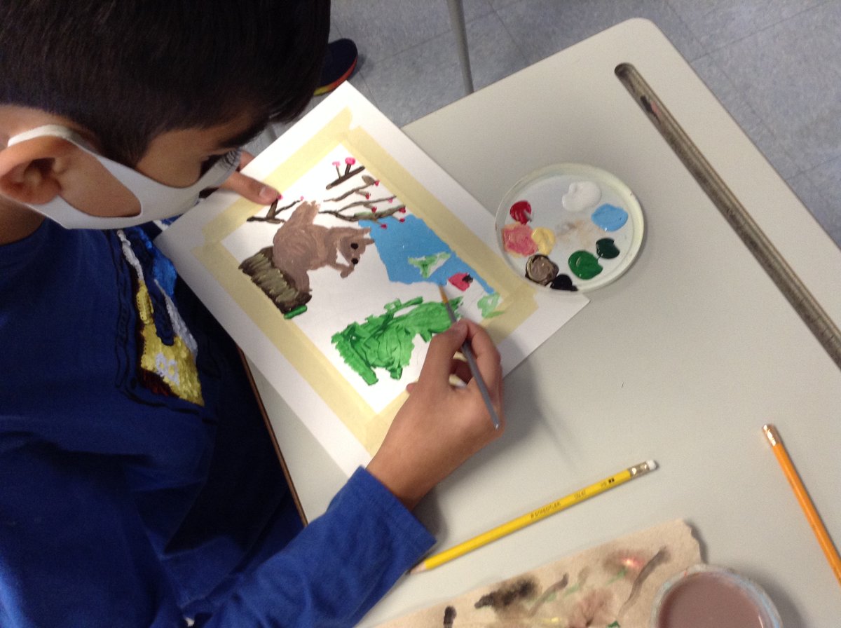 Ms_C_Dickson's tweet photo. Gr5 Fine Art: Students painted squirrels in a snowy landscape as a practice piece. Students did very quick sketch and then used acrylic paint to complete the scene. #EdgemontStrong @EdgemontCBE https://t.co/wQiMiRqCci