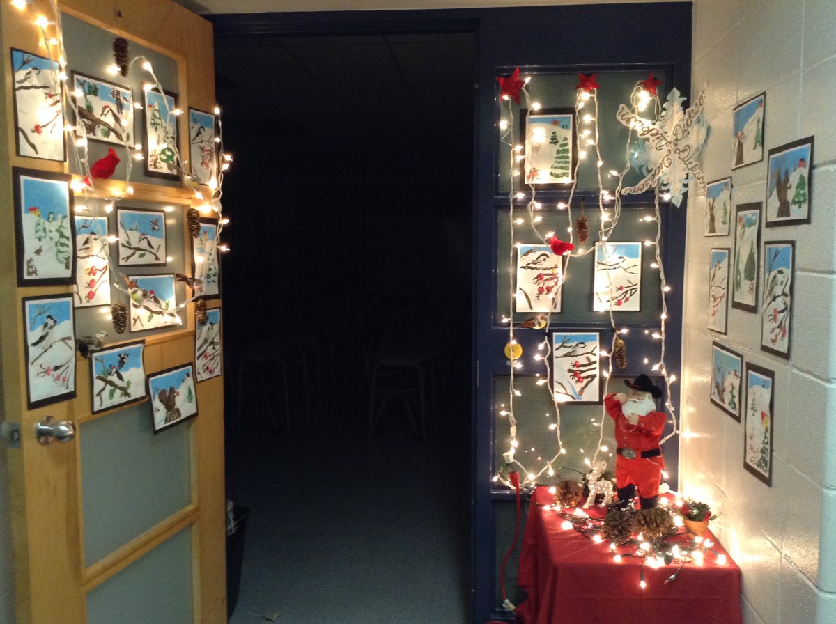 Ms_C_Dickson's tweet photo. Fine Arts: Check out the door decorations just outside the Fine Art room!  The doors are adorned with grade 5 paintings, lights and little birds! #EdgemontStrong @EdgemontCBE https://t.co/EfJh5w9gNt