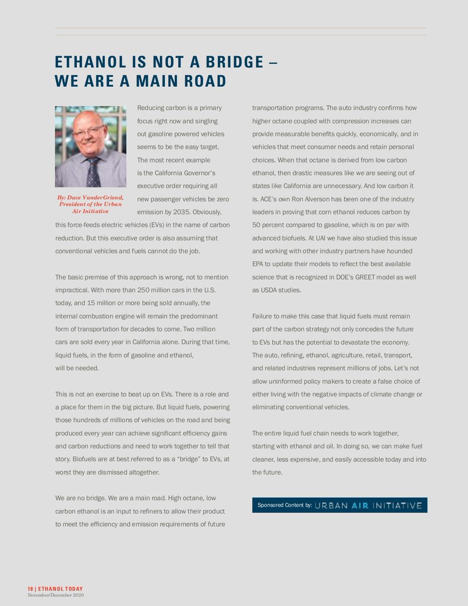 EthanolToday's tweet photo. Read the latest from @UrbanAir1? With reducing carbon a primary focus, VanderGriend says gas-powered vehicles seem to be an easy target with EVs as the answer. "Biofuels are at best referred to as a bridge to EVs. We are no bridge. We are a main road." 
https://t.co/SfEzpoFmq8 https://t.co/Pq4FV6IMzV
