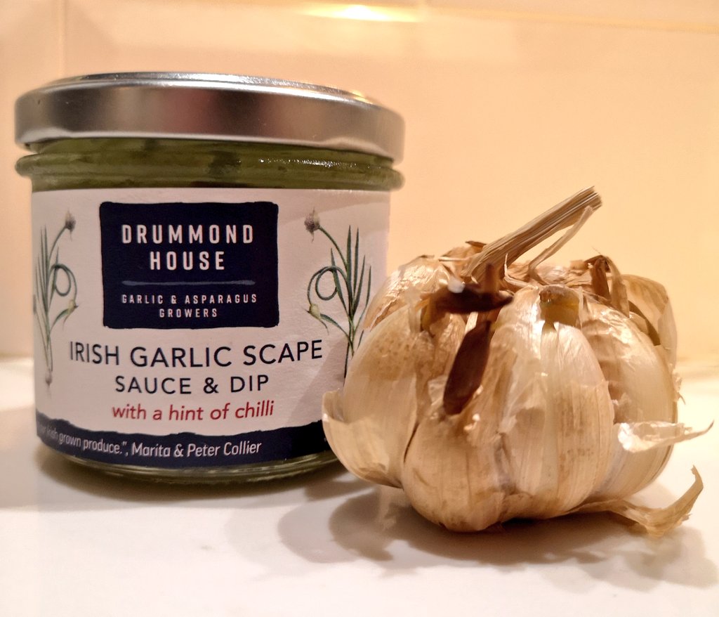 TheIrishWino's tweet photo. I was very kindly welcomed up to @DrummondHGarlic during the week and came away laden with Kris Kindle presents and this amazing smoked garlic and Scape sauce (I didn't know what it was either until I visited!). A briliant local Irish product in a beautiful part of the country.👏 https://t.co/K8YpxTNdCM