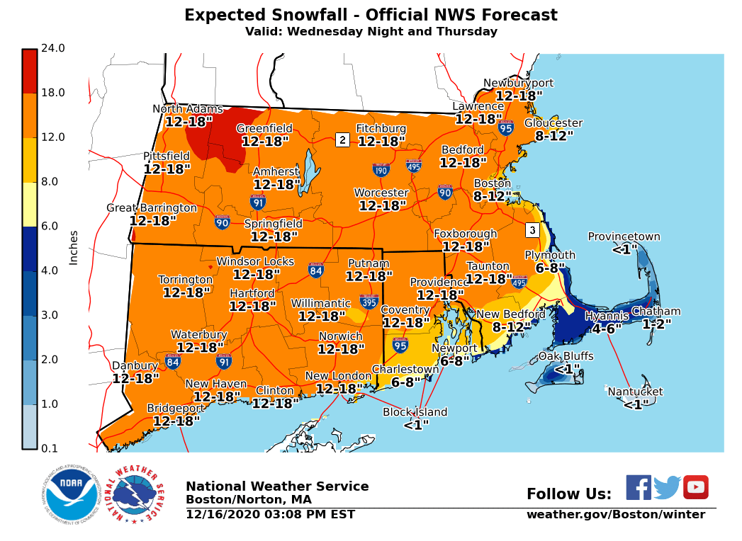 NWSBoston's tweet photo. [3:30 PM Update] Hot off the press, here's a look at our latest thinking on the impending winter storm. Road conditions will deteriorate quickly due to snowfall rates 1-2" per hour - travel with extreme caution if you can't avoid being on the roads overnight. #MAwx #CTwx #RIwx https://t.co/KRQ5R9mdyc
