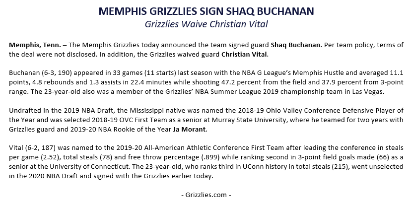 GrizzliesPR's tweet photo. The @memgrizz today announced that the team signed Shaq Buchanan and waived Christian Vital. Press release below.

Buchanan will wear jersey #20 for the Grizzlies. https://t.co/4q9PkYLTTZ