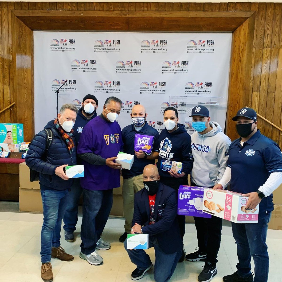 CPDKnights's tweet photo. What a blessing coming together to help out our family at The BASE Chicago with the donation of 10,000 N95 Mask and Hundreds of boxes of diapers to the Rainbow PUSH Coalition. 
#blessed #basechicago #cpdknights #community #family #teamwork #change https://t.co/Y9ke5trOp3