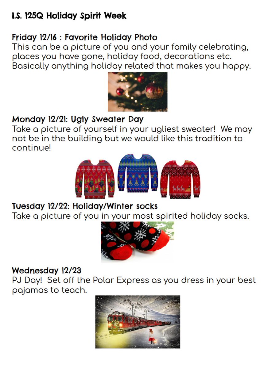 IS125Q's tweet photo. #is125q teachers and staff - get ready to show off your holiday spirit! Starting Friday, join us in our holiday celebration! Check your email for more details. Let's make this time magical for our #woodsidewolves 🐺🐺🐺 https://t.co/Mzo5iLwxT9