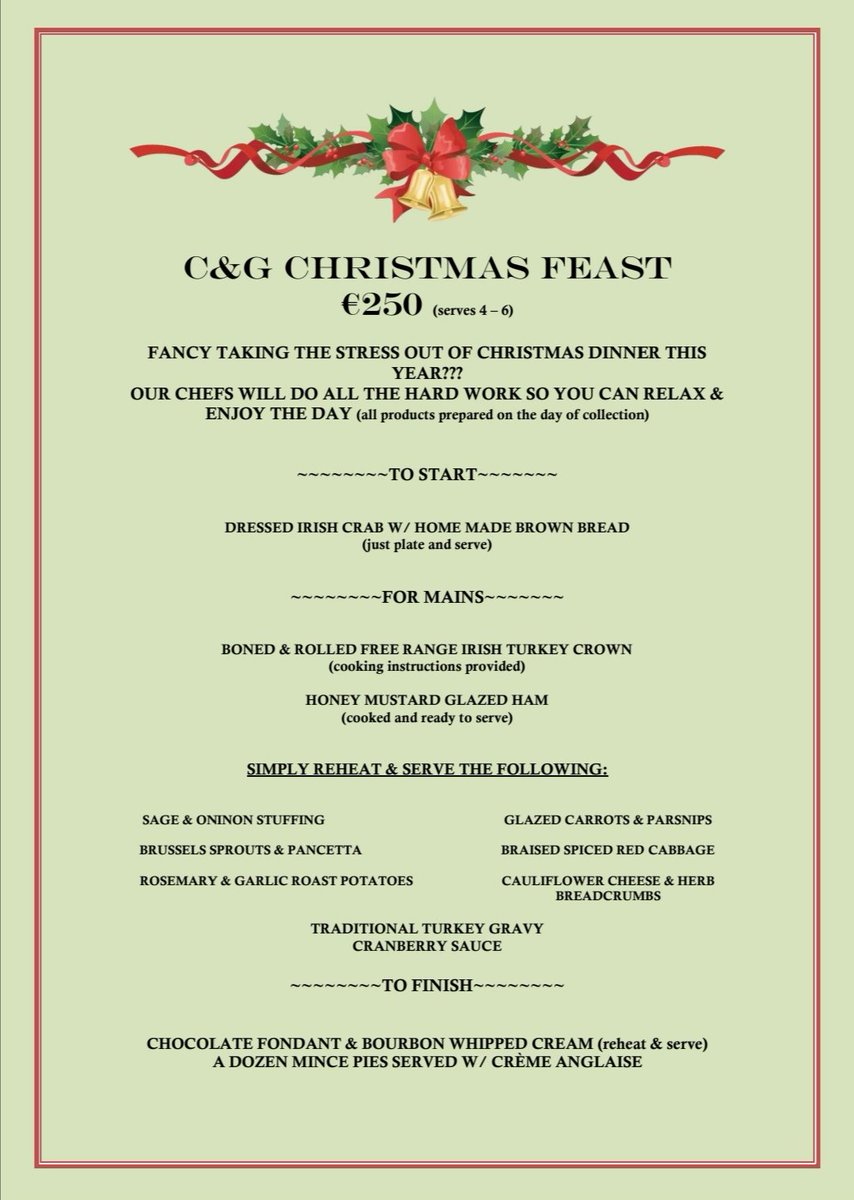 🎀C&G CHRISTMAS FEAST🎀 Fancy taking the stress out of Christmas Dinner this year?? Our Chefs will do the hard work so you can relax and enjoy the day🥰PRE ORDER by emailing info@casperandgiumbinis.ie (Last day to order is Mon the 21st) *All products prepared on day of collection