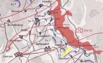As 916 reached the crest an open field met them (yellow). The 109th positions to their right, amongst the enfilading tree line. Here, a water cooled .30cal Browning mg position along with mortar fire took a hard toll of the Volksgrenadiere as they crossed the open ground.15)