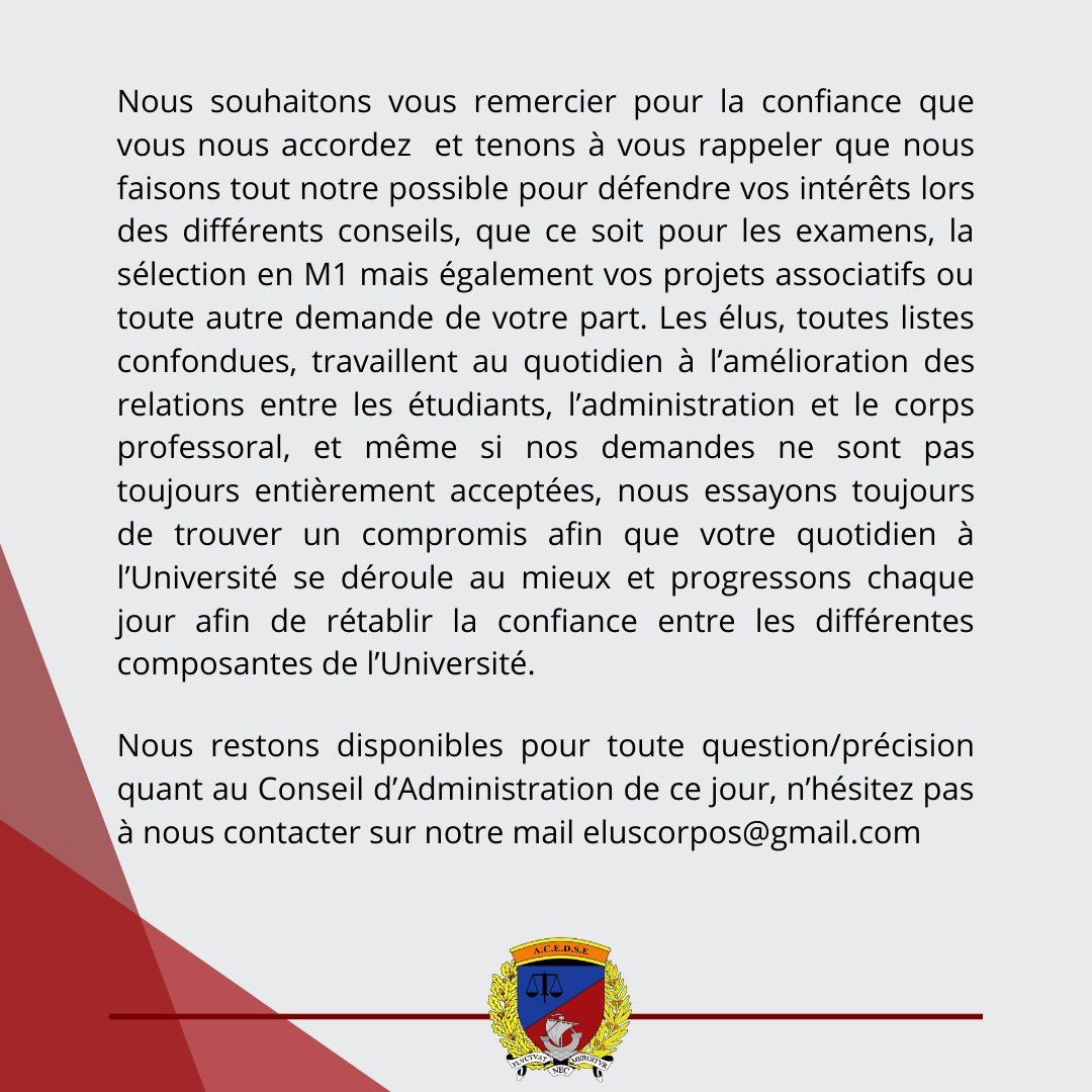 Chers étudiants, 
Voici le compte rendu du Conseil d'Administration qui s'est tenu ce matin, sous la direction du Président <a href="/sbraconnier/">Stéphane BRACONNIER</a>. 

<a href="/UDDA_Assas/">UDDA</a> <a href="/assas_progress/">Assas in Progress</a> <a href="/AssasNet/">Assas.Net</a> <a href="/AllianceAssas/">L'Alliance - Fédé d'Assas</a> 

Vos élus Corpo❤️
