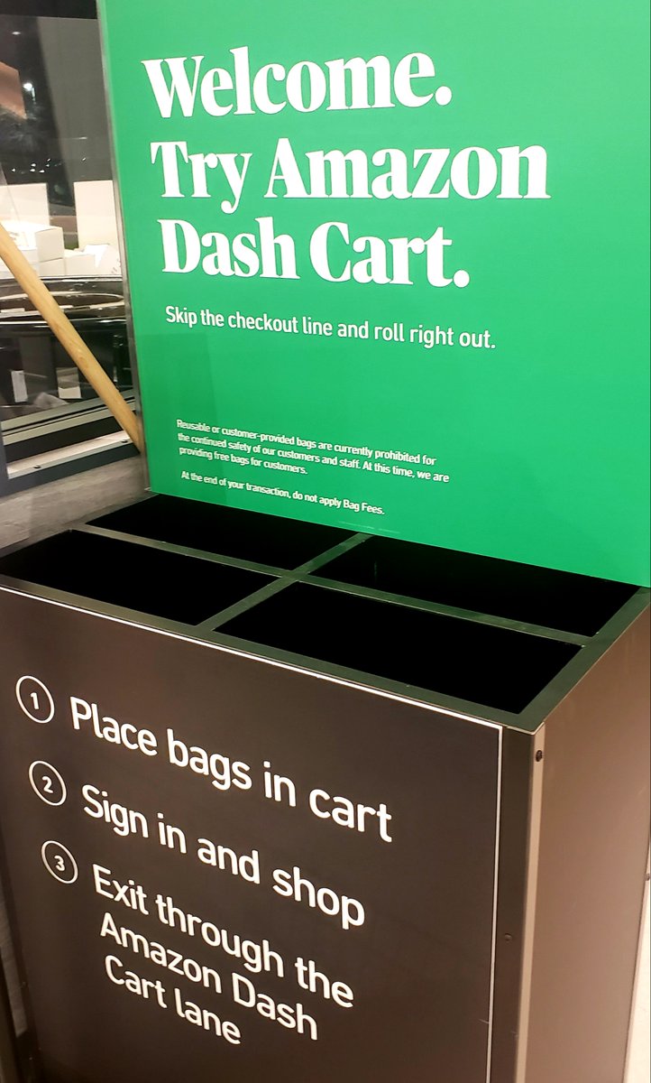 If using the Amazon Dash Cart, you would select up to two recyclable paper bags for the cart and sign into your  @amazon account using the touchscreen on your cart. Given that the experience is new, Amazon had employees on hand to teach shoppers.