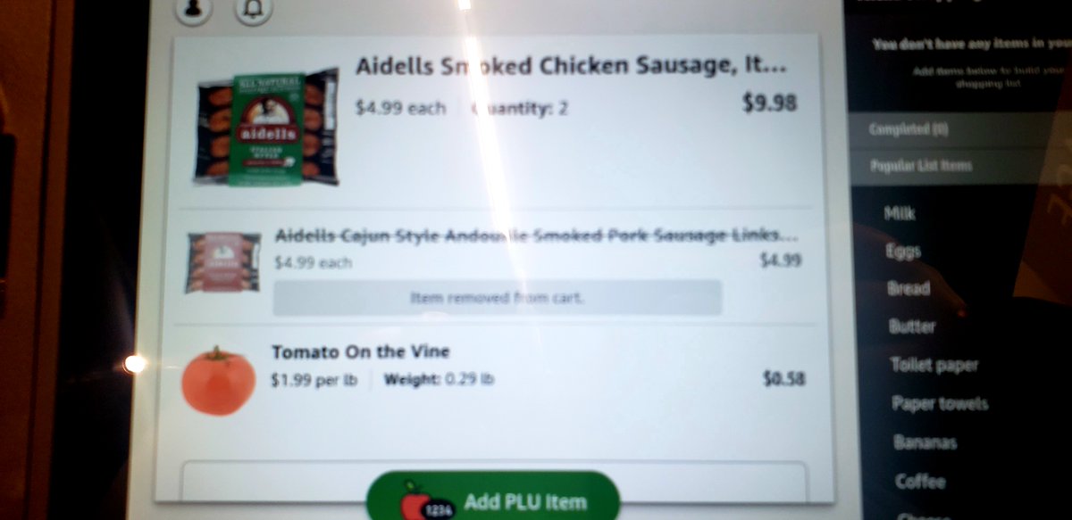 At one point, I realized I picked up pork sausage instead of chicken sausage so I swapped out the packages in the cart. The Amazon Dash Cart impressively nailed this experience perfectly.