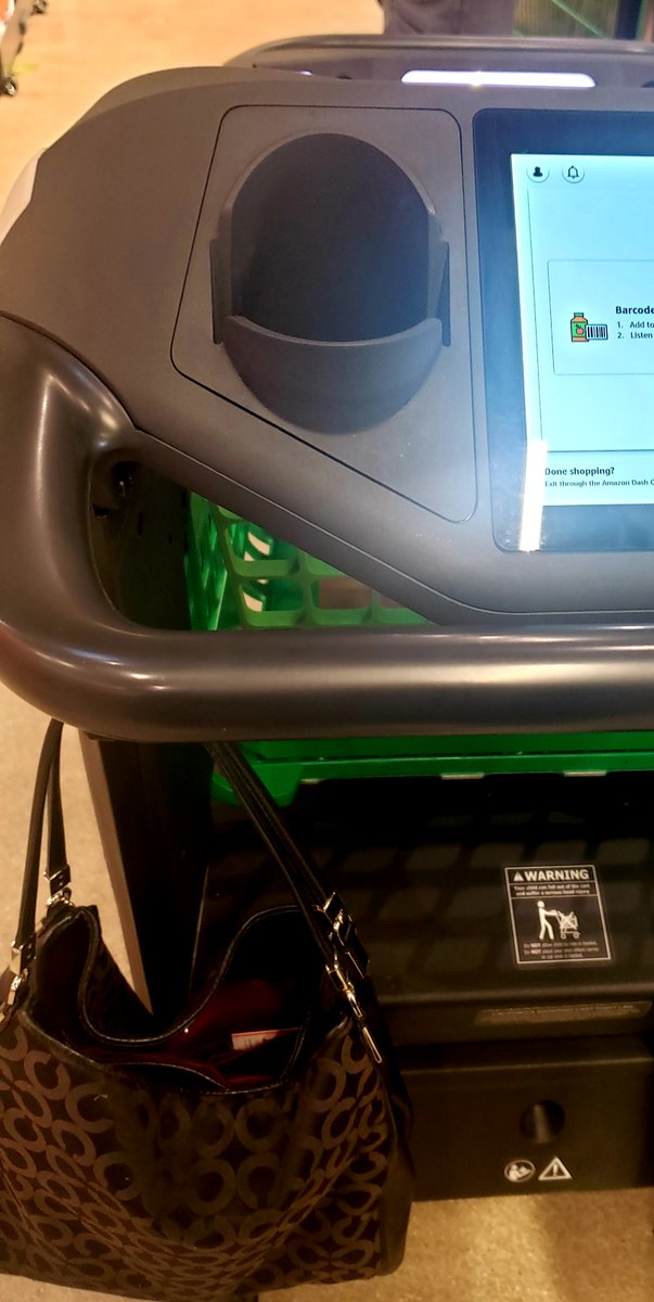 This is a tour of the cart. You use the scanner to the right to scan a QR code from your Amazon app to sign in. A touch screen tracks your purchases. Points for the purse hook and the dual-purpose drink or phone holder.