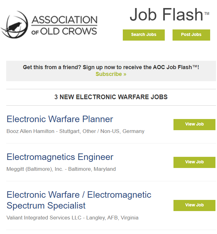 AOCrows's tweet photo. 3 new electronic warfare jobs https://t.co/4ObVT63gce #jobflash #jobseeker #jobsearch #JobSeekersWednesday @Meggittglobal @BoozAllen #ValiantIntegratedSevices https://t.co/4CE8viSYJc