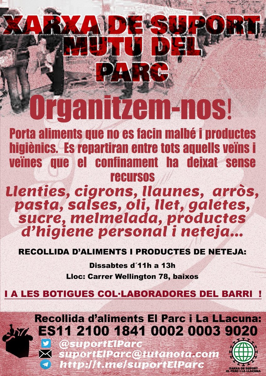 suportElParc's tweet photo. Aquests dies recollirem:

Dissabte 19 d’11 a 13h
Dilluns 21 de 18 a 20h
Dimarts 22 de 18 a 20h
Dimarts 29 de 18 a 20h

Cal de tot,  la setmana vinent repartirem cistella per 15 dies. 
- Pasta
- Llet
- Tonyina i sardines
- Ous
- Arròs
- Oli
- Pots verdures
- Llegums
- Galetes https://t.co/lzBTxX5bAg